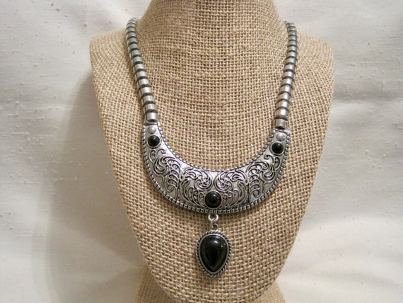 Cleopatra Bib Necklace. Scroll Pattern Silver Ton… - image 4