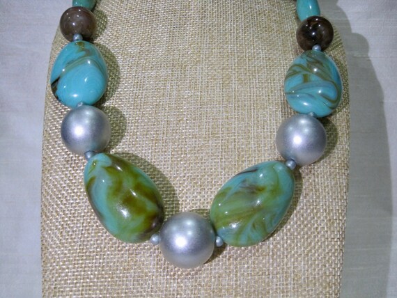 Beaded Necklace. Marble Blue, Brown, Mate Silver … - image 7
