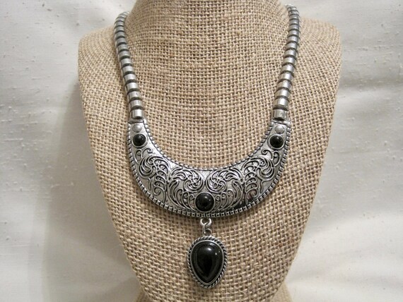 Cleopatra Bib Necklace. Scroll Pattern Silver Ton… - image 2