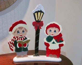 Vintage Christmas Ornament, Wood, Hand Painted, Table Top, Boy & Girl Chorus Figurine.