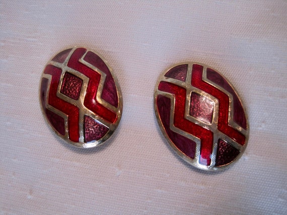 Oval Clip on Earrings. Red & Purple Enamel Colour… - image 5