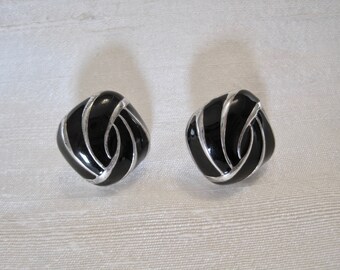 Vintage Pierced Earrings. Black Enamel, Abstract Design with Silver Tone Trim. Domed Pierced Earrings.