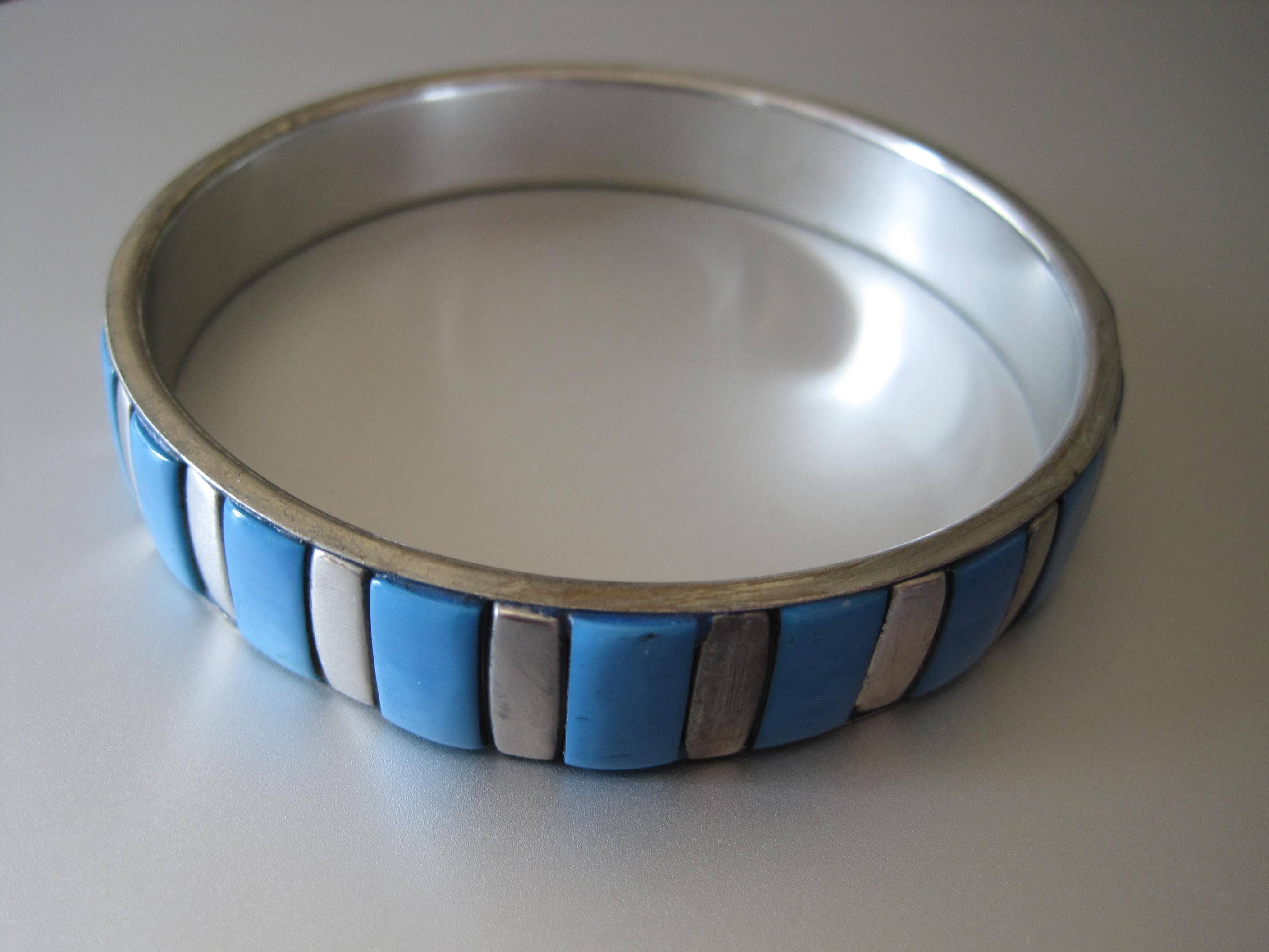 Vintage Alpaca Silver Tone Bangle Bracelet: Faux Turquoise 
