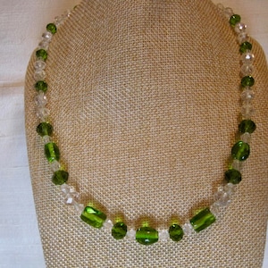 Green Glass, Clear Faceted Crystal & Glass 21&quot; L Graduated Repurposed Beaded Necklace.