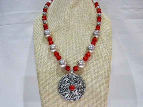 Red Cherry Glass and Stainless Beads, Beaded Neck… - image 1
