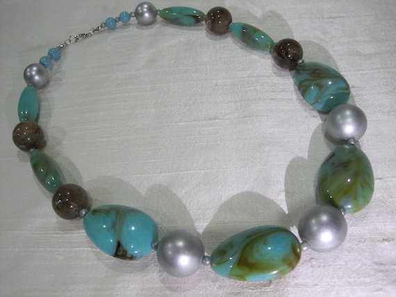 Beaded Necklace. Marble Blue, Brown, Mate Silver … - image 1