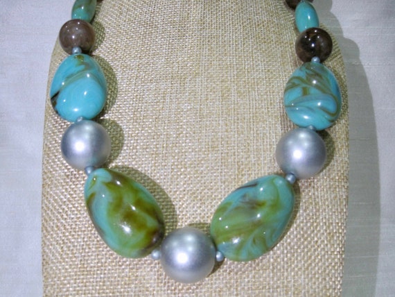 Beaded Necklace. Marble Blue, Brown, Mate Silver … - image 3