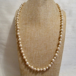 Classic Faux Pearl Glass Beaded Necklace. Knotted, Silk Thread, Cream Colour Pearlescent Glass Beads.