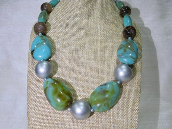 Beaded Necklace. Marble Blue, Brown, Mate Silver … - image 9