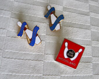 Bowling Pin Brooches. Two Perfect Attendance & One 500 Club Woodland Bowling Collectible Pin Brooches.