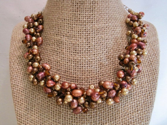 Cluster Beaded Necklace. Faux Glass Pearls Dyed Freshwater