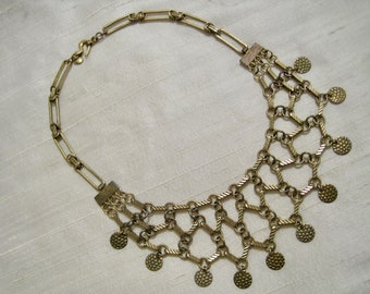 Bohemian Style Brass, Brass Tone Chainmaille Bib Necklace with Hook Clasp. Signed "R"