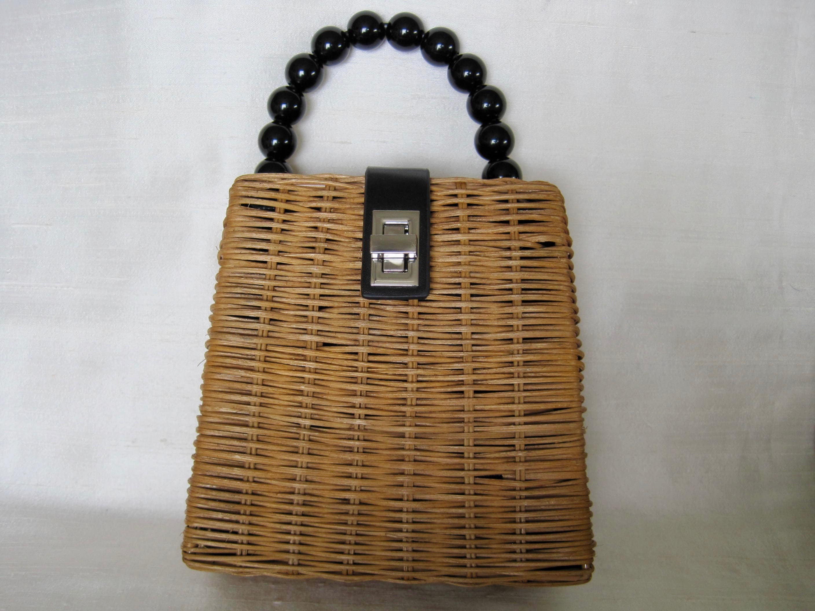 Zara Rattan Woven Box Bag With Black Lucite Plastic Handle. 