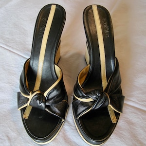 Made in Brazil, High Wedge Platform Vegan Sandals. Black & Tan Faux Leather. Vintage 90&#39;s.
