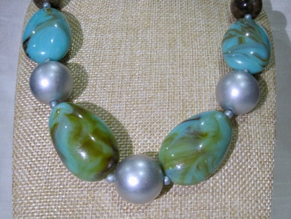 Beaded Necklace. Marble Blue, Brown, Mate Silver … - image 5