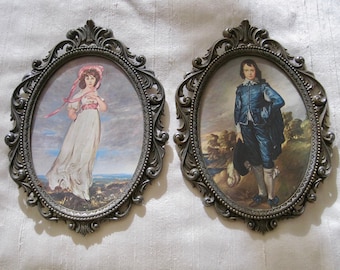 Antique Made in Italy Ornate Brass & Glass Oval Two Pictures Frames. Girl, Boy Print Wall Decor.