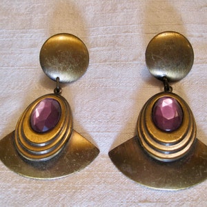 Brutalist Brass Tone Metal Abstract Dangle Pierced Earrings. vintage 80&#39;s