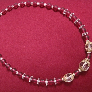 Art Deco, Czech Frosted Red Glass Beads and  Clear Crystal Beads, Gold Filled Lace Beads Cup & Spring Clasp, 18&quot; L. Beaded Necklace.