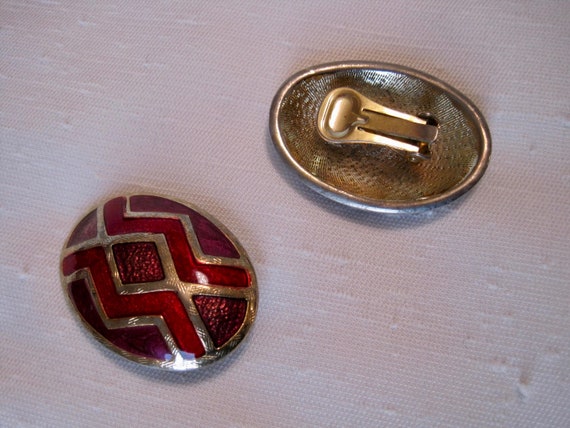 Oval Clip on Earrings. Red & Purple Enamel Colour… - image 4