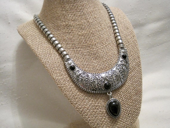 Cleopatra Bib Necklace. Scroll Pattern Silver Ton… - image 5