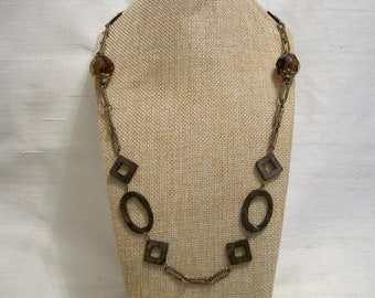 Vintage Abalone Shell Shimmery Gray Abstract Open Panel, Glass Beads, Station Brass 32" L. Necklace.