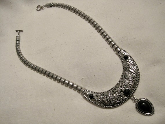 Cleopatra Bib Necklace. Scroll Pattern Silver Ton… - image 9