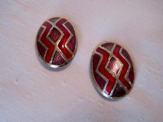 Oval Clip on Earrings. Red & Purple Enamel Colour… - image 1