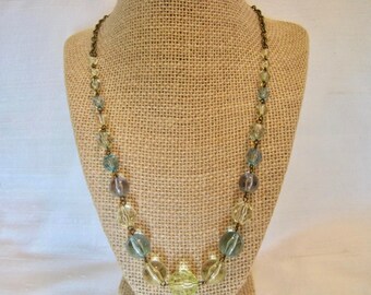 SALE Vintage Acrylic Graduated Beaded Necklace. Clear, Baby Blue & Baby Yellow Beads, Brass Tone Chain, 22" L. Beaded Necklace.