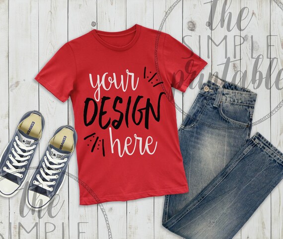 T-Shirt Mockup Bella Canvas 3001 Red Shirt On Wood