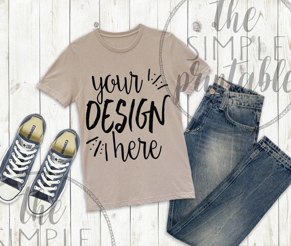 T Shirt Mockup Bella Canvas 3001 Tan Shirt On Wood Background Etsy