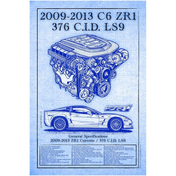 2009-2013 ZR1 Corvette LS9 Engine Blueprint Canvas Poster Print 12x18, 16x24 C6 Corvette, Man Cave Art, Corvette Garage Poster Made In USA