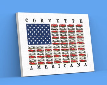 Corvettes Flag Canvas Wrap, American Flag, Corvette Americana Wall Art, 1953-2018, Man Cave Wall Decor, Corvette Art, Teeters