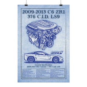 2009-2013 ZR1 Corvette LS9 Engine Blueprint Matte Poster Print, Corvette C6, Art homme des cavernes, Poster Garage Corvette fabriqué aux États-Unis, 12 x 18, 16 x 24
