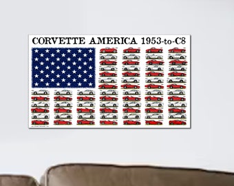 Corvette Flag C1 to C8 Giclee Art Print By K Scott Teeters is Museum Archival Quality Corvette Lover Gift American Corvette Flag
