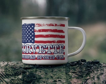 Corvette Enamel Camping Mug, American Flag Corvette Lover Gift, Metal Mug