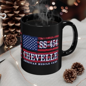 SS-454 Chevelle 11oz Coffee Mug America Flag Art, Black Mug 11oz, 1970, 1971, 1972 SS-454 Chevelle Muscle Cars, Printed In USA