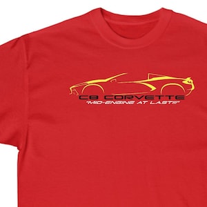C8 Corvette Profile Red T-Shirt, &quot;Mid-Engine At Last!&quot;, Gildan 2000 Unisex Cotton, Corvette Lover T-Shirt, Sizes SM to 5XL