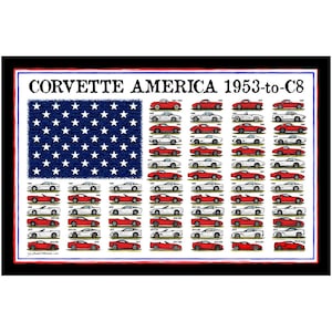 Corvette America 1953 to Mid-Engine C8 Corvettes Canvas Poster, 12x18, 16x24 Corvette Décor, Corvette Garage, Office, Man Cave, Made In USA