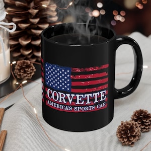 Corvette Mug, American Flag Coffee Mug, 15 & 11oz, Horizontal, America&#39;s Sports Car, Corvette Ceramic Mug, C1 C2 C3 C4 C5 C6 C7 C8 Corvette