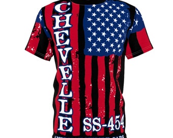 Chevelle Tee, SS-454 Chevelle Black T Shirt, American Flag All-Over T-Shirt, Unisex Tee, SM-3XL, Printed in America