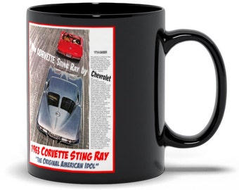 Corvette Coffee Mugs, 1963 Corvette Sting Ray The Original American Idol Black Coffee Mug, 15oz & 11oz, Classic Vettes, America's Sports Car
