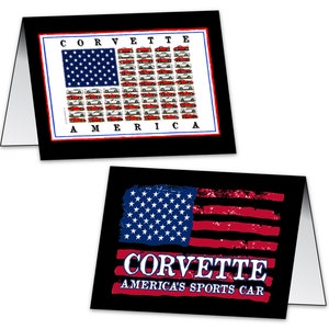 Corvette Note Card, Two-Sided Corvette American Flag 5&quot; x 7&quot; Note Cards, from 1953 to the C8 Mid-Engine Corvette, 10 Cards, Made in USA