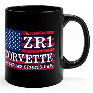 Corvette American Flag Coffee Mug, ZR1 Corvette, C3 1970-1972, C4 1990-1995, C6 2009-2013, And C7 2019 Black 11oz Coffee Mug