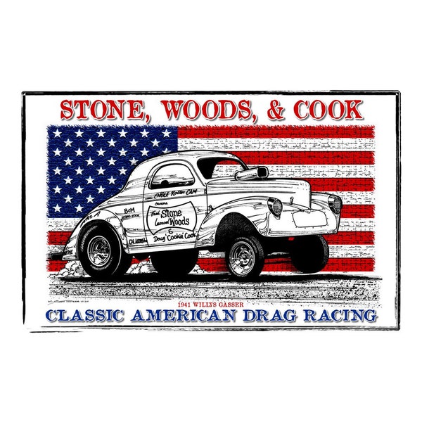 Stone Woods & Cook 1941 Willys Gasser Classic Drag Racer, 12x18 or 16x24, Nostalgia Drag Racing, NHRA,IHRA, Man Cave Art,Motorhead Garage