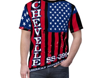Chevelle Tee, SS-396 Chevelle Black T Shirt, American Flag All-Over T-Shirt, Unisex Tee, SM-3XL