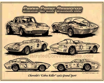 1963 Grand Sport Racing Corvettes Car Art Print,63 Corvette,63 Grand Sport Corvettes Montage,Grand Sport Race Cars,1963 Corvette Art, C2-12