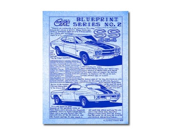 1970 SS-454 Chevelle Chevy Diazo Blueprint Look Cardstock Art Print,11 x 17 Chevrolet Chevelle Car Print,MuscleCar print,1970 Muscle Car