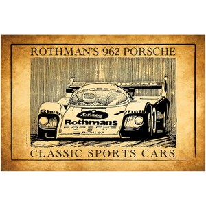 May include: A black and white illustration of a vintage Rothmans 962 Porsche race car. The car is white with black accents and has the words "Rothmans Porsche" on the side. The image is set against a textured background with the words "Classic Sports Cars" at the bottom.