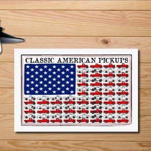 Pickup Truck Lover Art, Classic Pickups American Flag Fine Art Poster, Man Cave Gift, Truck Poster, 18x12, 24x18, 30x20 size choices