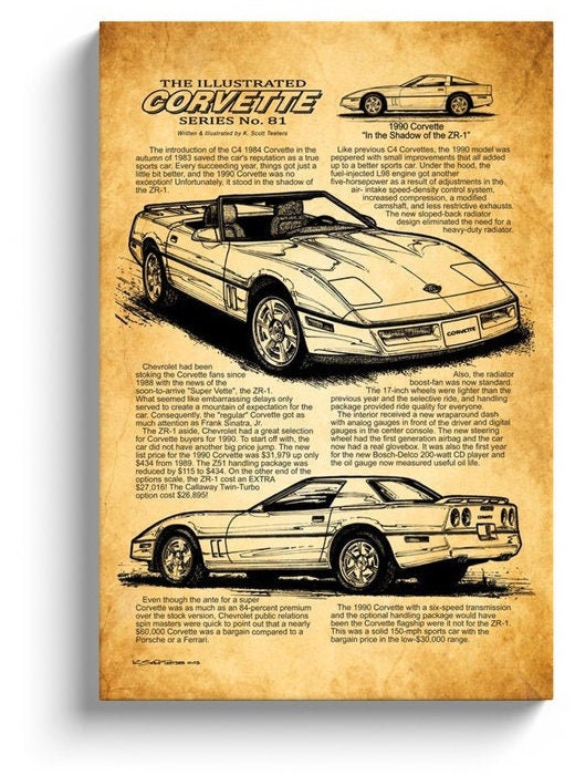 1990 Corvette Canvas Art Wrap, 12x18 or 16x24, C4 Corvette
